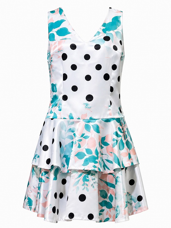 【新品DRESS 1960】ドットフラワーパターンウエストチャームペプラムフレアミニドレス ホワイト【FRACOMINA】